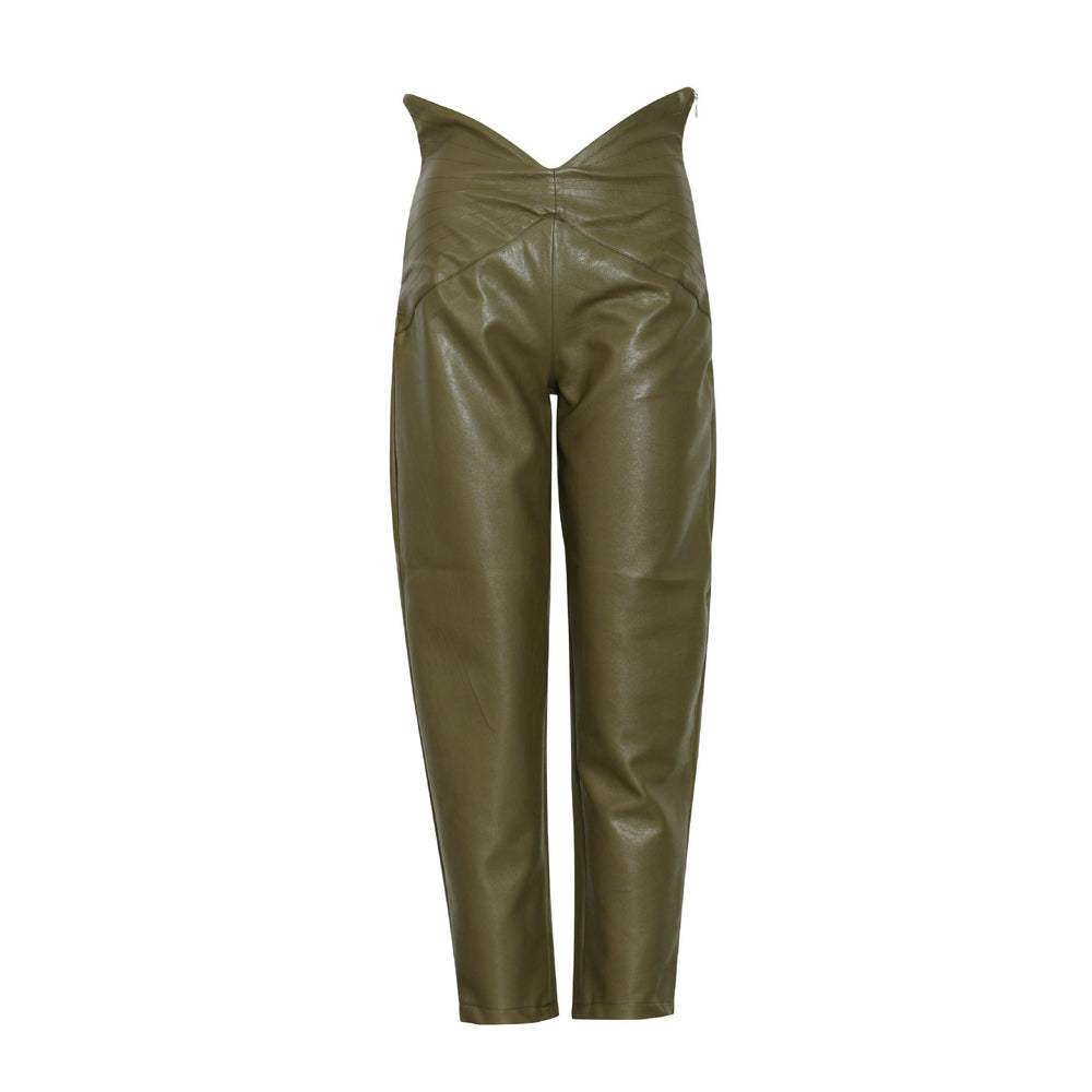 British Straight Trendy Women Casual Pants Spring Sexy Petals High Waist Solid Color Straight Leather Pants