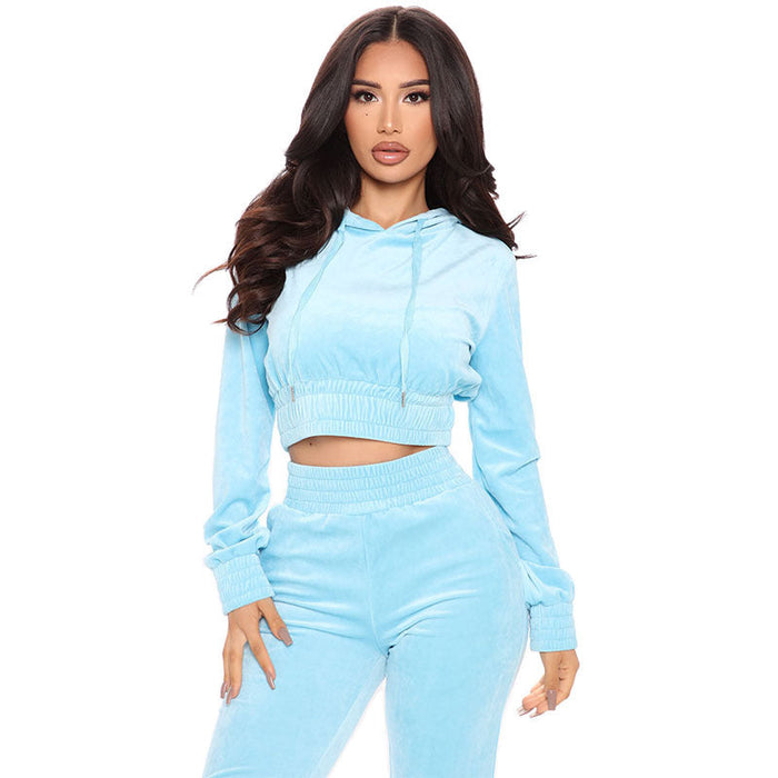 Women Clothing Casual Velvet Hoodie Two Piece Set Sweater Suit Women