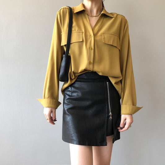 Spring Korean Retro Simple Shirt Women Solid Color Elegant Slim-Fit Long Sleeves Shirt Women