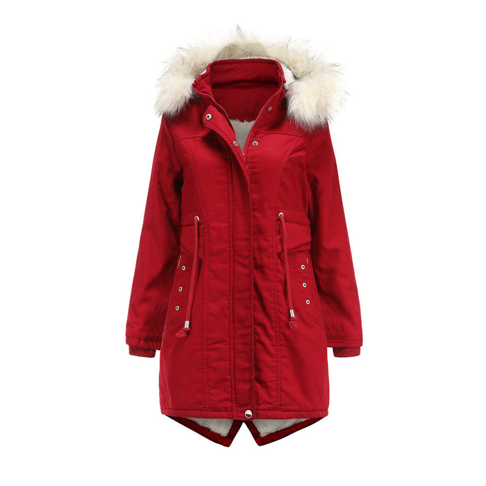 Women Cotton-Padded Clothes Fleece  Mid-Length Detachable Hat Fur Collar Winter Warm Fleece Overcoat Woman Plus Size