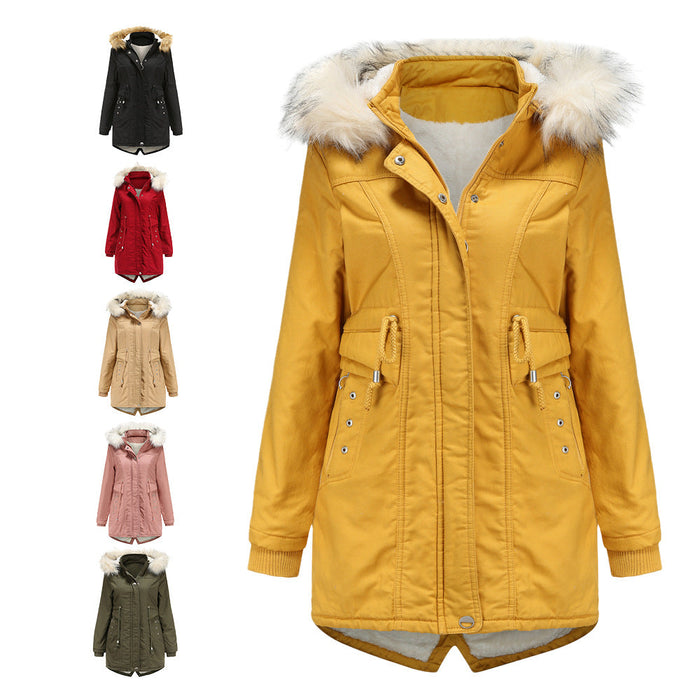 Women Cotton-Padded Clothes Fleece  Mid-Length Detachable Hat Fur Collar Winter Warm Fleece Overcoat Woman Plus Size