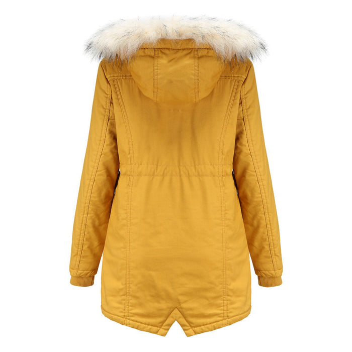 Women Cotton-Padded Clothes Fleece  Mid-Length Detachable Hat Fur Collar Winter Warm Fleece Overcoat Woman Plus Size