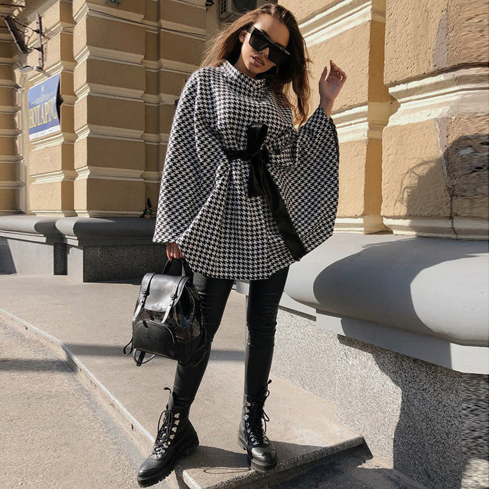 Autumn Winter Women Coat Houndstooth Woolen Coat Loose Lace-up Cloak Robe Top