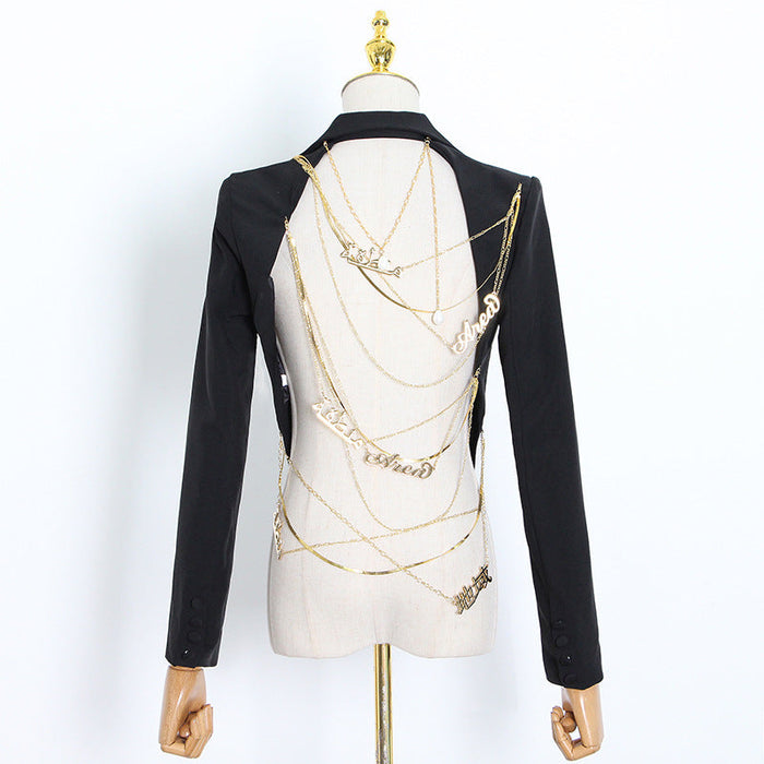 Niche Autumn Sexy Bare Back Back Chain Design Waist-Tight Slimming Small Blazer Blazer