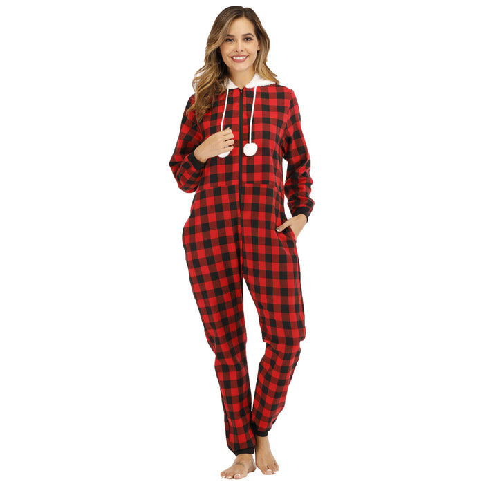 Popular Women Cotton Plaid Hooded Jumpsuit Home Wear Pajamas