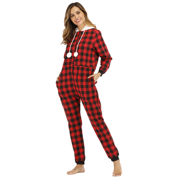 Popular Women Cotton Plaid Hooded Jumpsuit Home Wear Pajamas