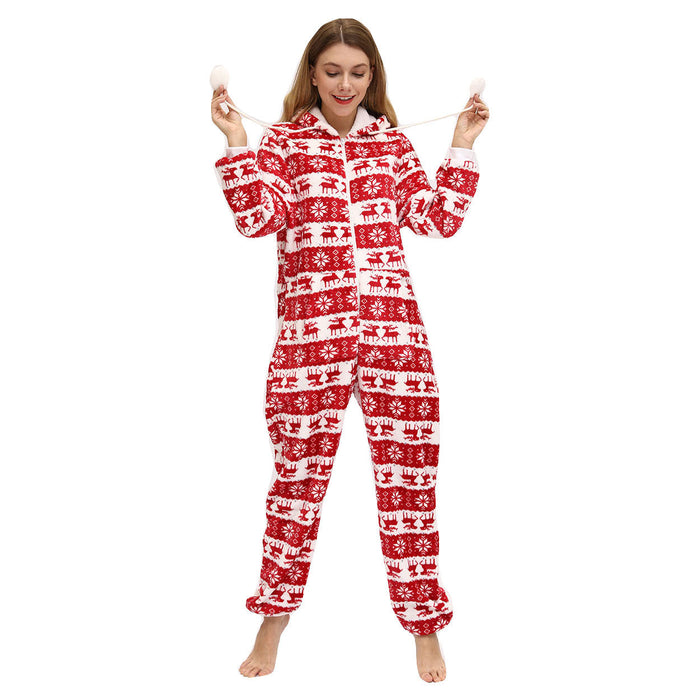 Women Christmas Festival Deer Snowflake Flannel Jumpsuit Pajamas Home Wear