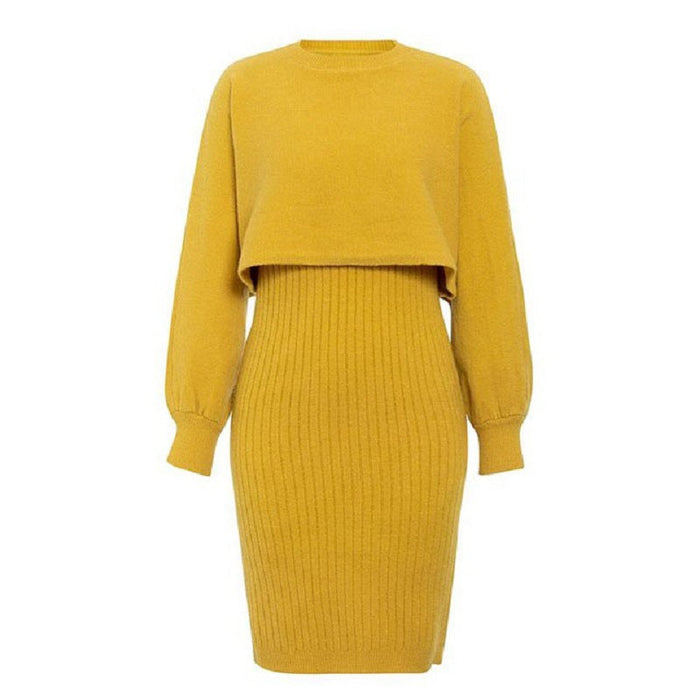 Knitted Dress Two Piece Set Autumn Winter Solid Color Pullover Sweater Women