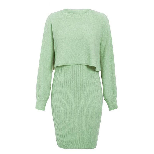 Knitted Dress Two Piece Set Autumn Winter Solid Color Pullover Sweater Women
