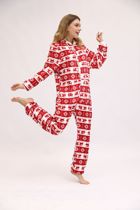 Women Christmas Festival Deer Snowflake Flannel Jumpsuit Pajamas Home Wear