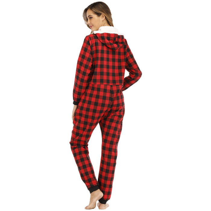 Popular Women Cotton Plaid Hooded Jumpsuit Home Wear Pajamas