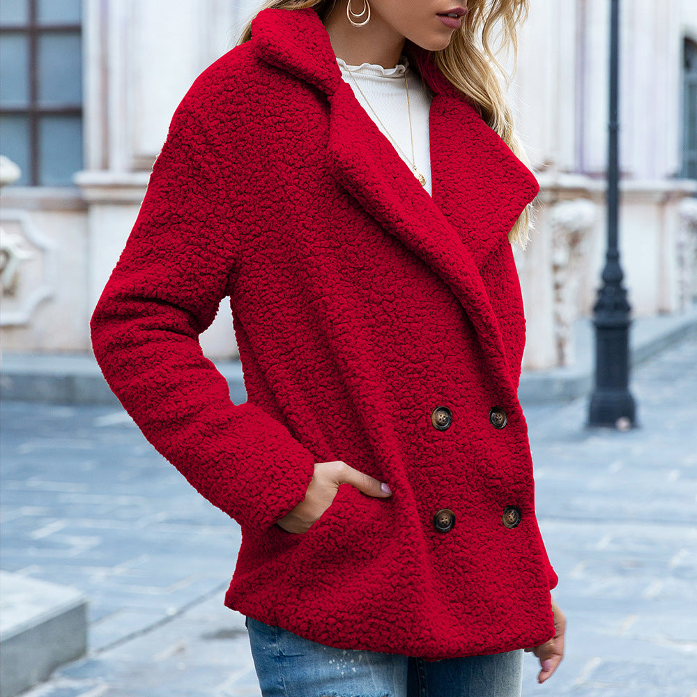 Autumn Winter Button Collared Loose Fleece Shirt  Cashmere Wool Coat Women Outerwear