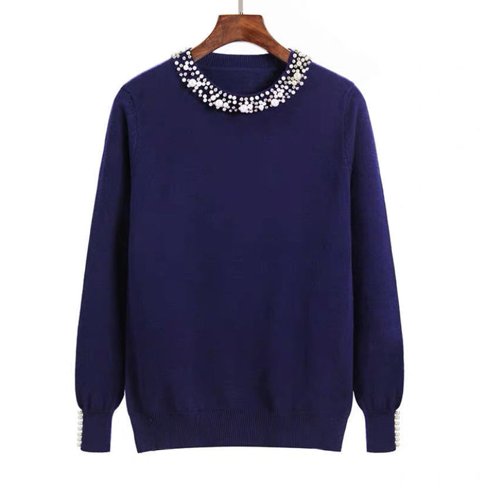 Autumn Winter Beaded Pullover Women round Neck Long Sleeve Loose Slimming Elegant Bottoming Women Sweater