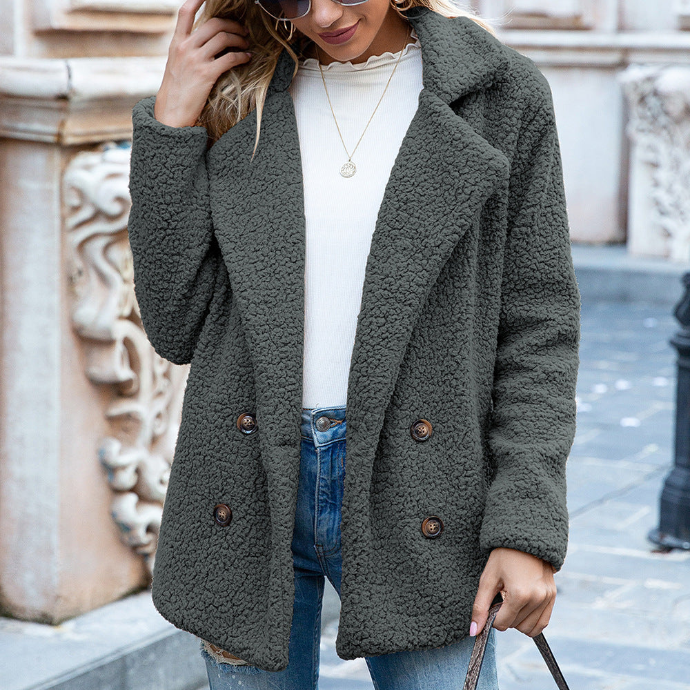 Autumn Winter Button Collared Loose Fleece Shirt  Cashmere Wool Coat Women Outerwear