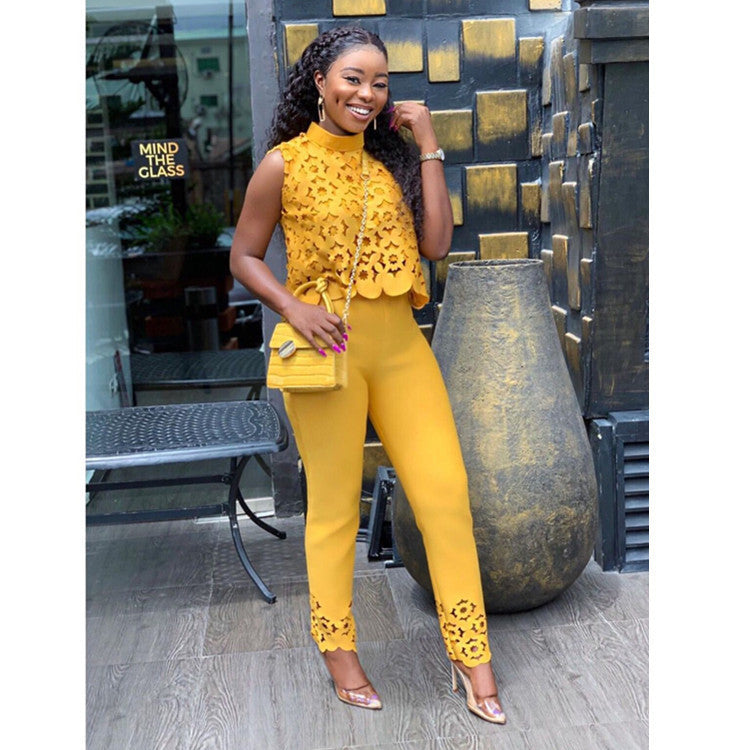 Slimming Sleeveless Hollow Out Cutout Top Pants Yellow Suit