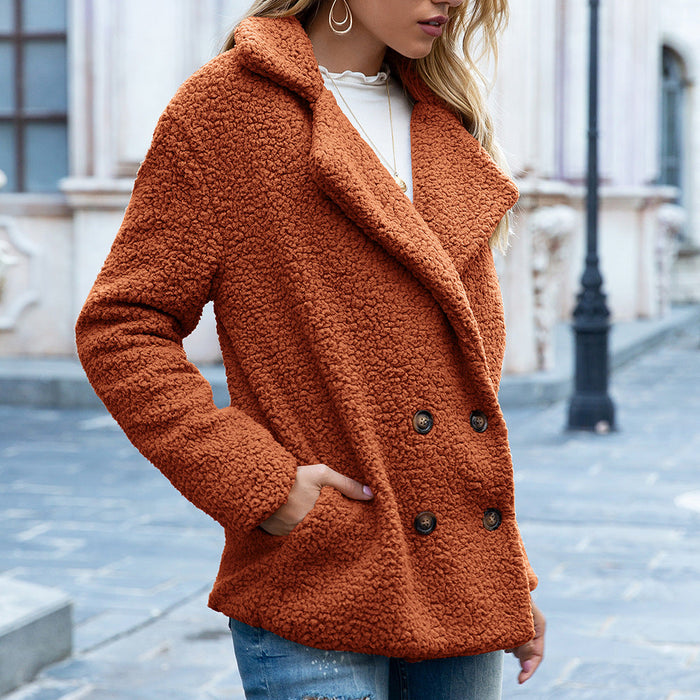 Autumn Winter Button Collared Loose Fleece Shirt  Cashmere Wool Coat Women Outerwear