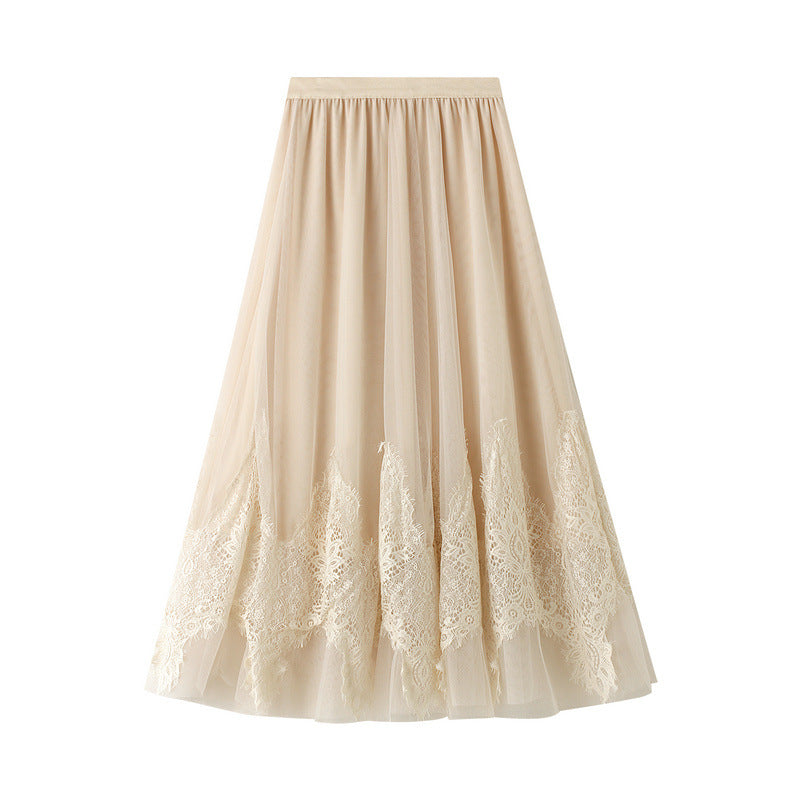 Autumn Winter Retro Mesh Skirt Women Mid Length Lace Stitching Gauzy Skirt Long Skirt
