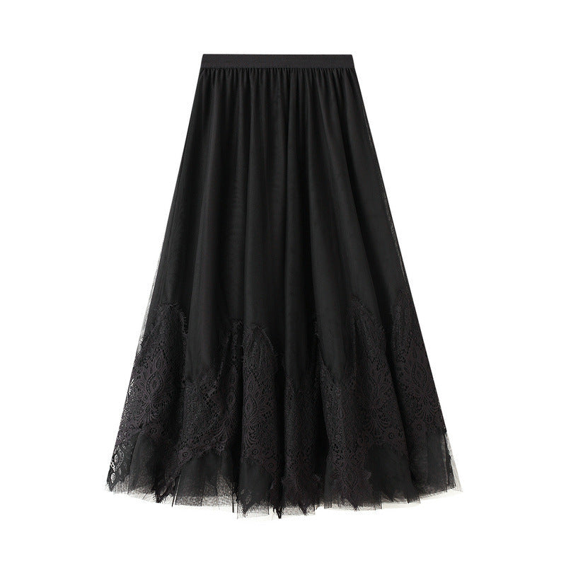 Autumn Winter Retro Mesh Skirt Women Mid Length Lace Stitching Gauzy Skirt Long Skirt