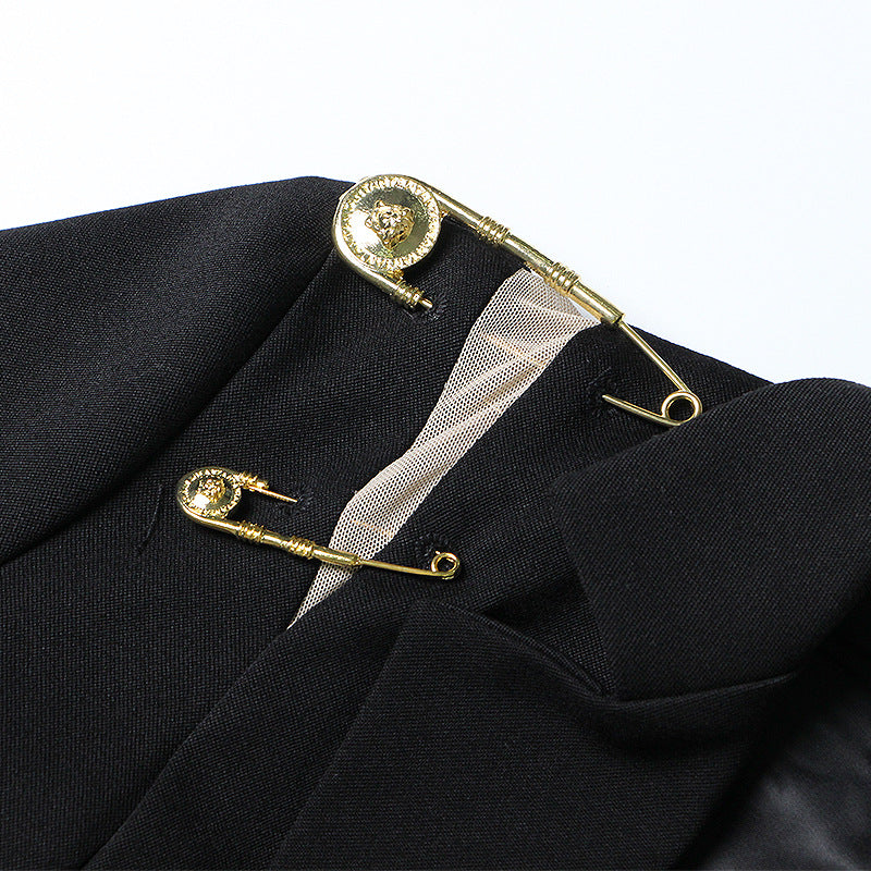 Coat  Women Spring Shoulder Mesh Stitching Decorative Pin Slim Fit Long Sleeve