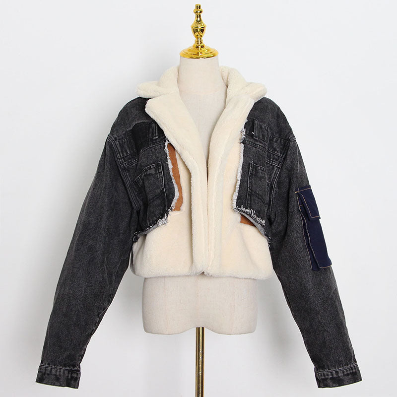 Lamb Wool Coat Winter Color Contrast Stitching Loose Thick Denim Casual Women Top