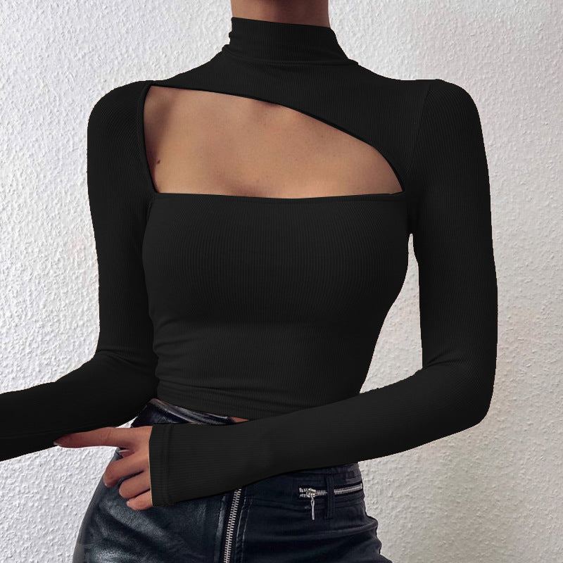 Autumn Winter Women Clothing Sexy cropped High Collar Solid Color Hollow Out Cutout out Bottoming Long Sleeve T-shirt Women