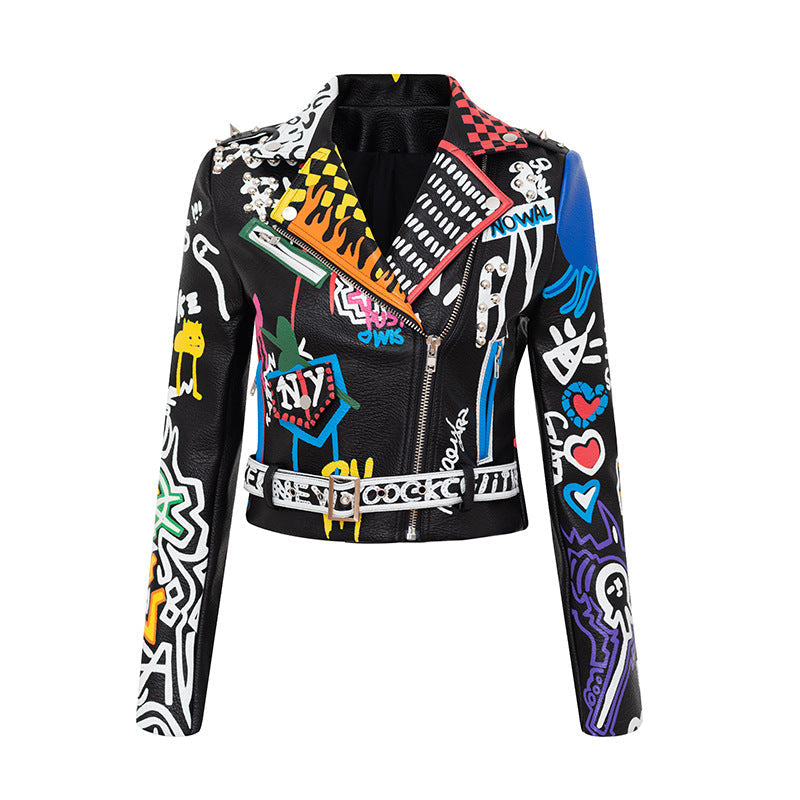 Women Printed Wear Short Faux Leather Jacket Motorcycle Clothing Leather Coat Women