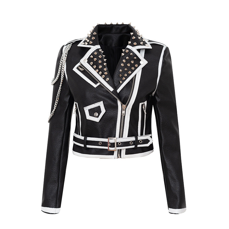 Autumn Winter Chain Coat Printed Rivet Top Short Leather Jacket Women