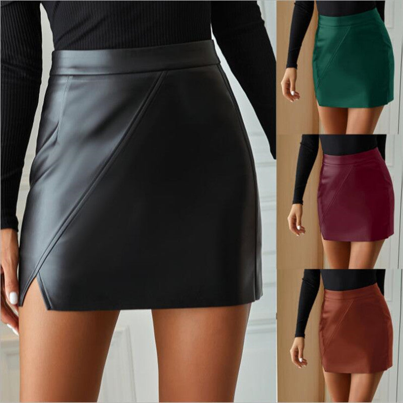 Women Clothing Casual High Waist Fashion Irregular Asymmetric Faux Leather Skirt Autumn Winter Plus Size