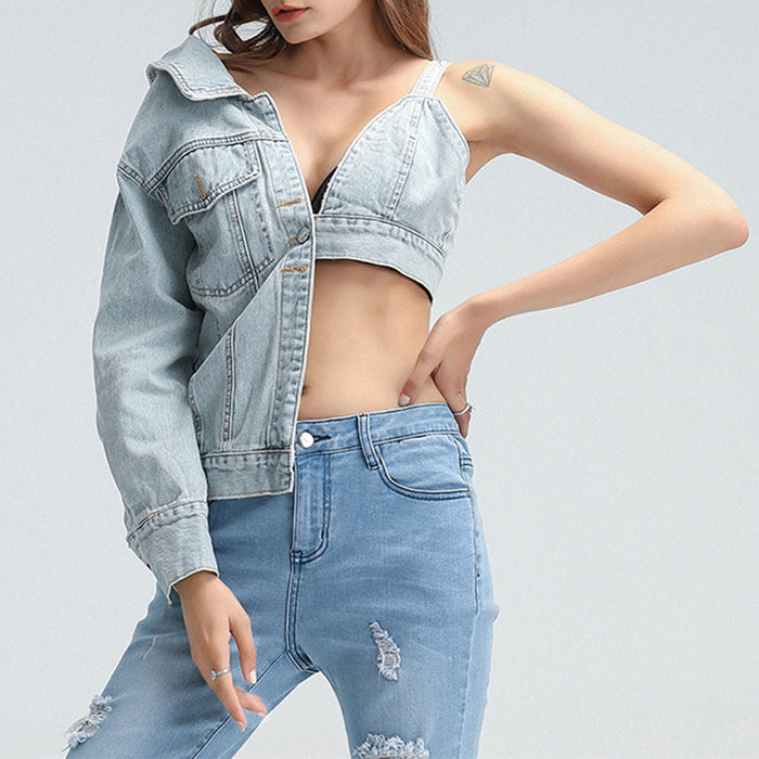 Niche Asymmetric Denim Jacket Fashionable Elegant Sexy Collared Cropped Outfit Denim Jacket