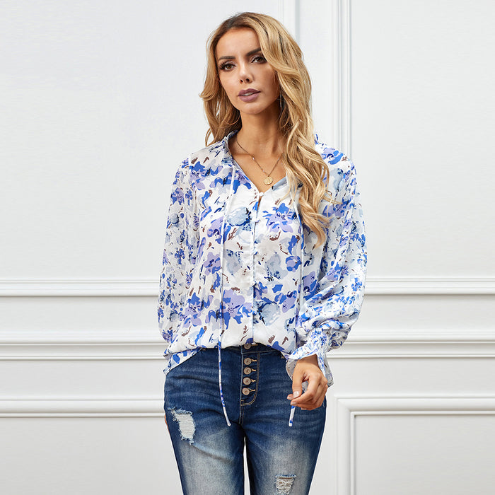 Autumn Winter Cardigan Button Floral Chiffon Shirt Women Loose Top