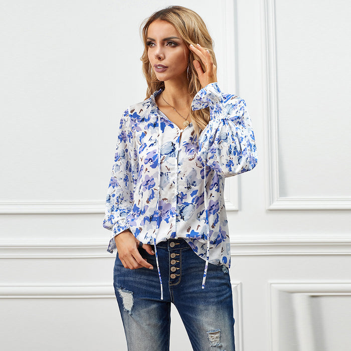 Autumn Winter Cardigan Button Floral Chiffon Shirt Women Loose Top