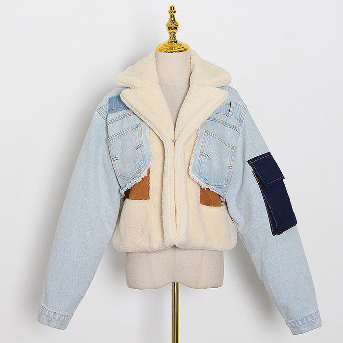 Lamb Wool Coat Winter Color Contrast Stitching Loose Thick Denim Casual Women Top