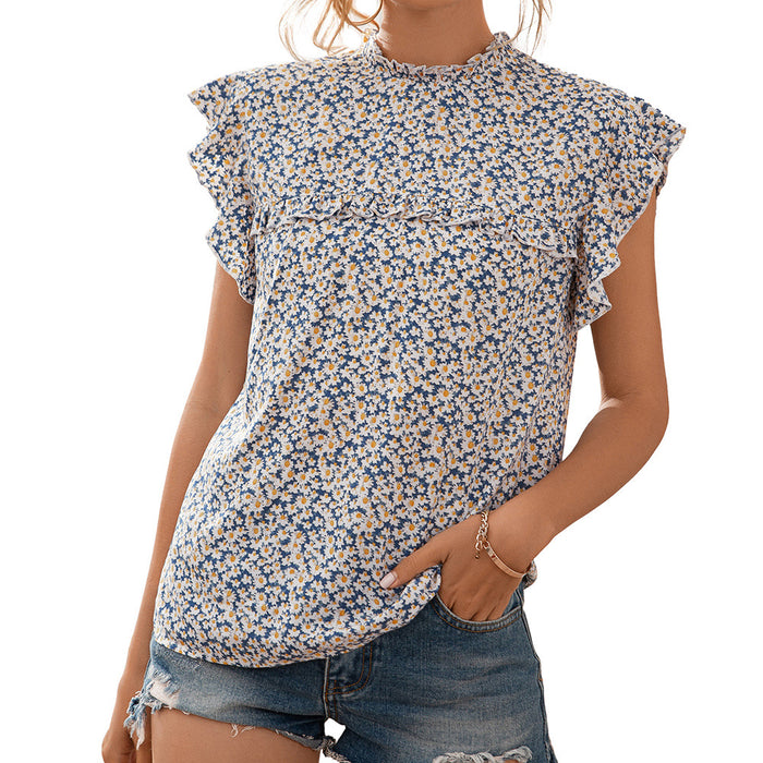 Spring Summer Loose Little Daisy Floral Wooden Ear Flying Sleeves Casual Short Sleeved