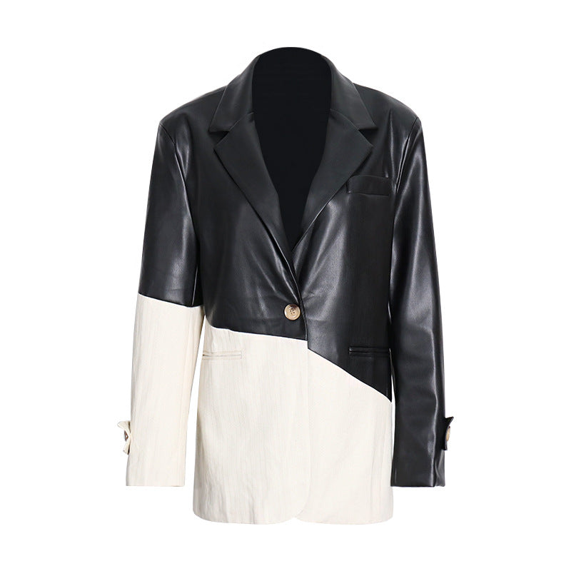 Autumn Street Handsome Black White Color Contrast Patchwork Texture Faux Leather Blazer Women