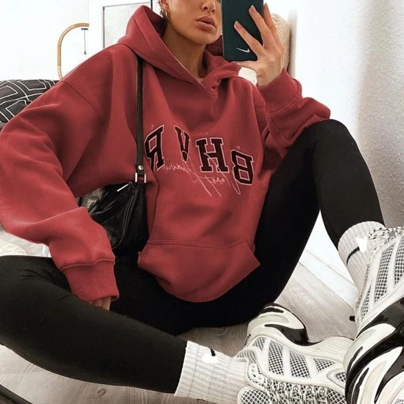 Women Clothing Hoodie  Game Letter Graphic Printing plus Velvet Warm Long Sleeve  Autumn Winter