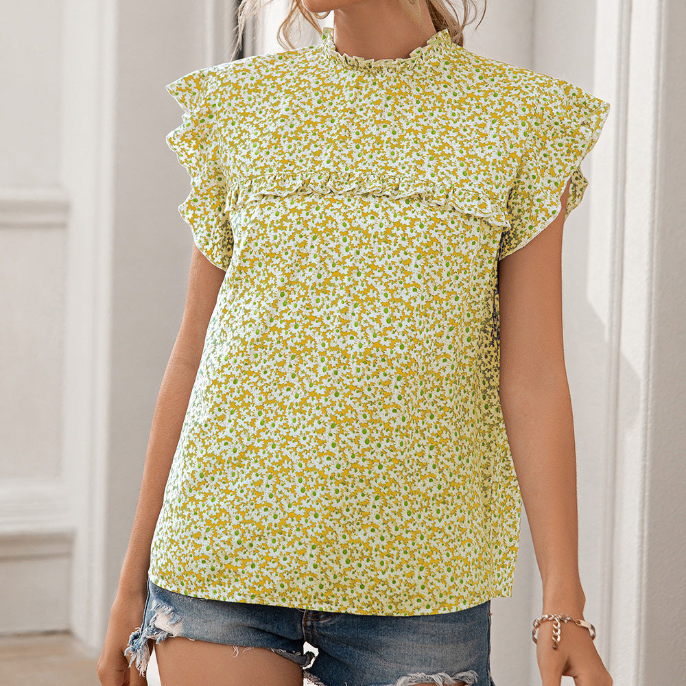 Spring Summer Loose Little Daisy Floral Wooden Ear Flying Sleeves Casual Short Sleeved