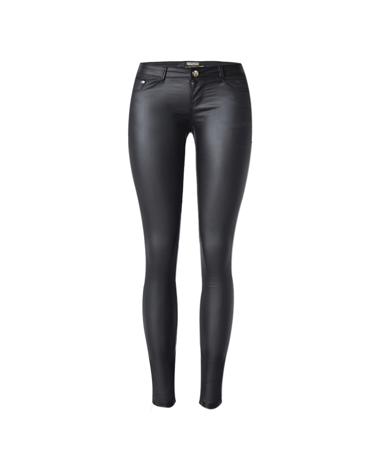 Women Clothing Low Waist Elastic Coating Poly Urethane Leather Denim Skinny Pants Foreign Model