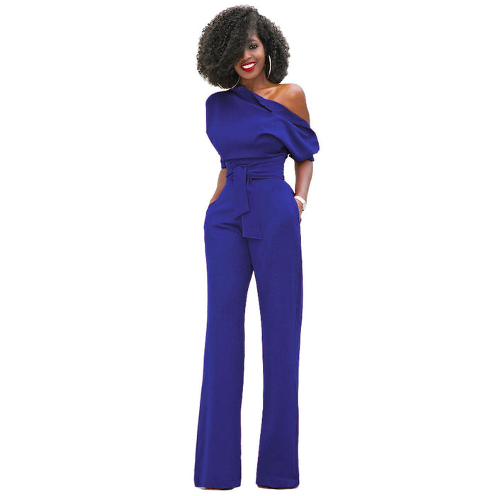 New Classic Solid Color Diagonal Collar Button One Piece Wide Leg Jumpsuit