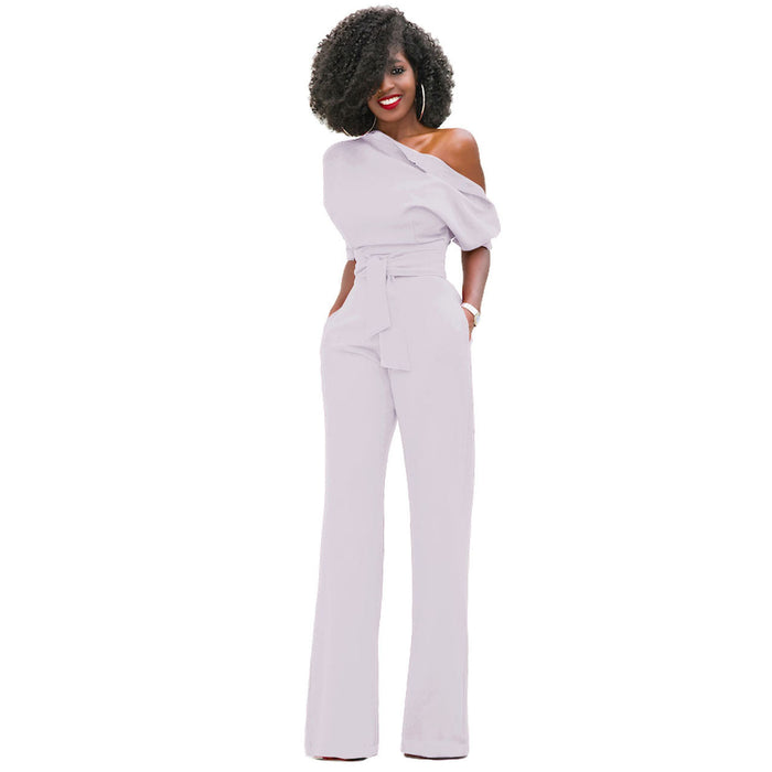 New Classic Solid Color Diagonal Collar Button One Piece Wide Leg Jumpsuit