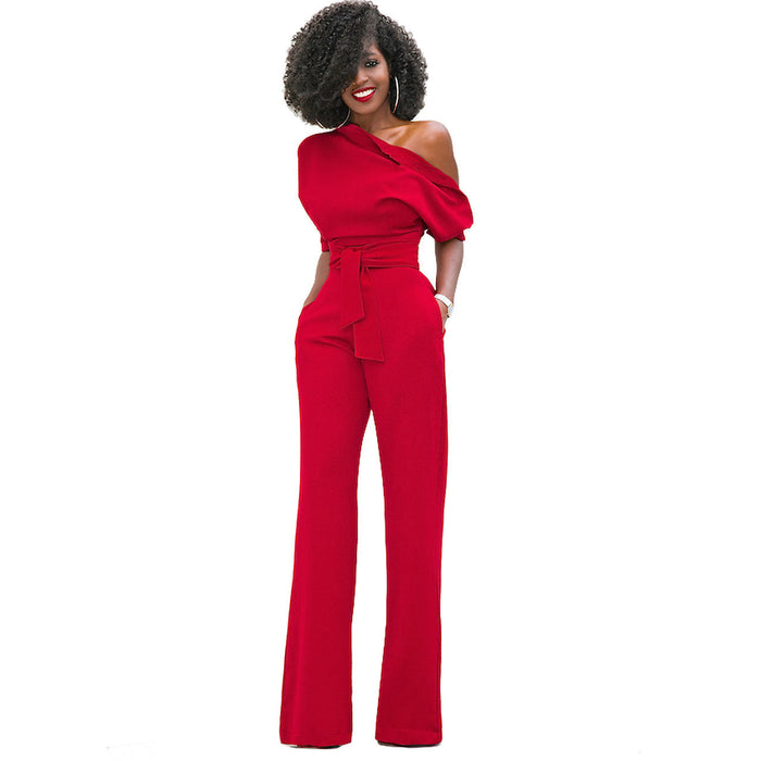 New Classic Solid Color Diagonal Collar Button One Piece Wide Leg Jumpsuit