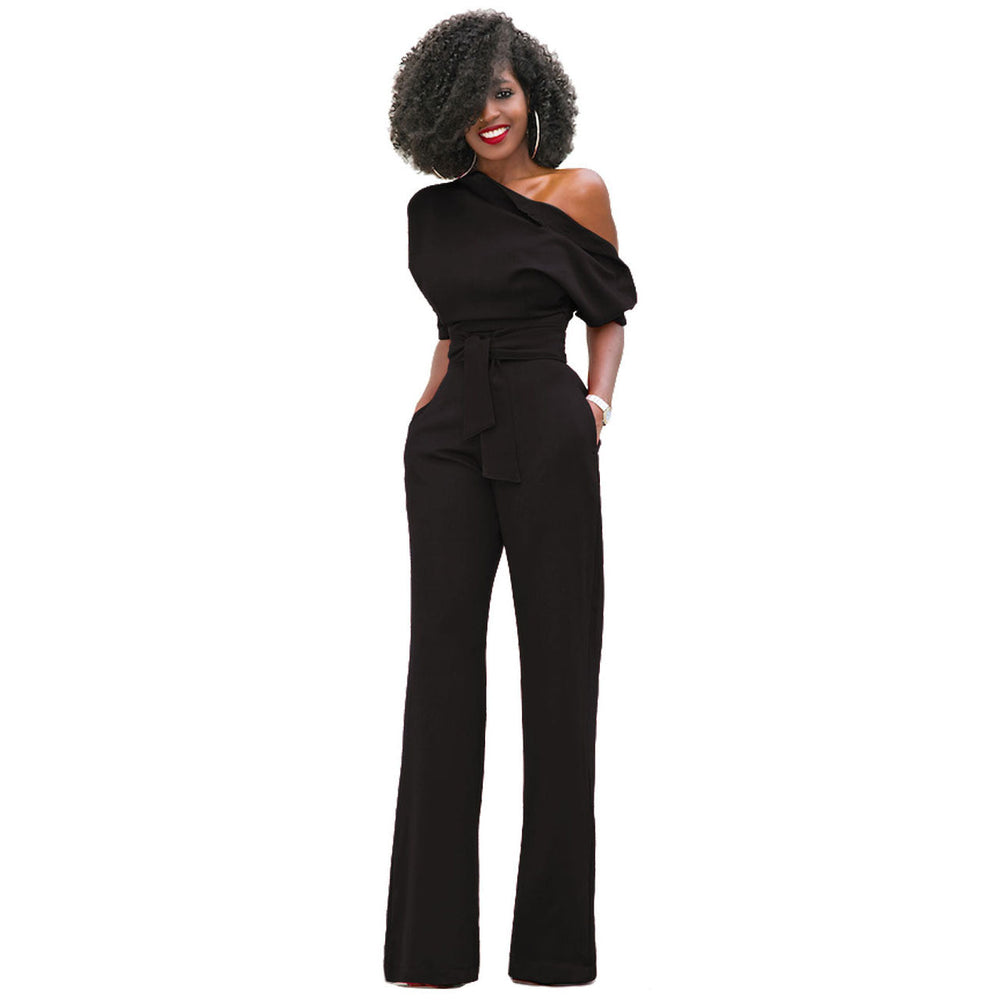 New Classic Solid Color Diagonal Collar Button One Piece Wide Leg Jumpsuit