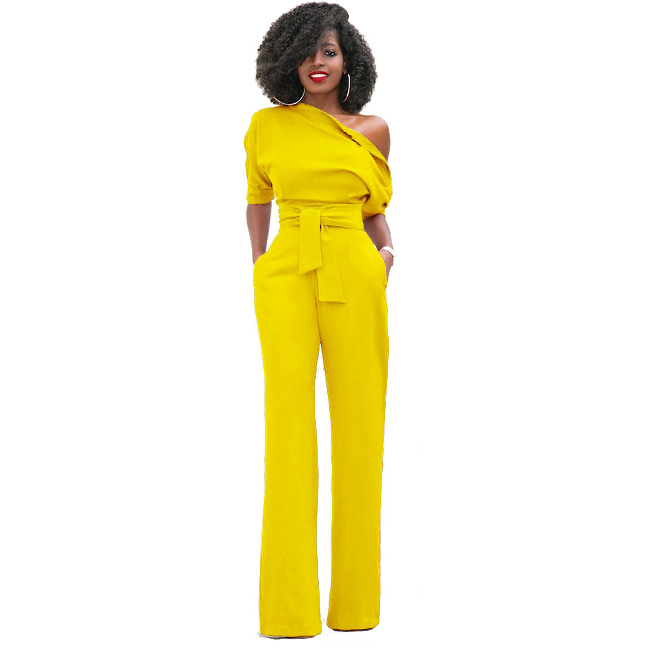 New Classic Solid Color Diagonal Collar Button One Piece Wide Leg Jumpsuit