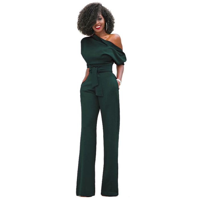 New Classic Solid Color Diagonal Collar Button One Piece Wide Leg Jumpsuit