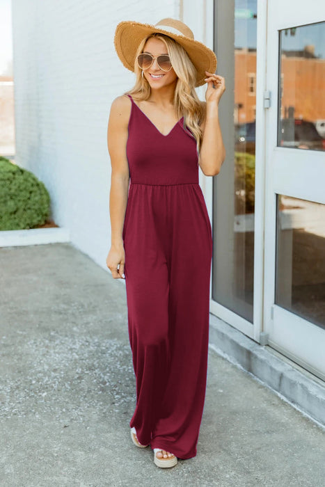 Summer Knitted Office Pocket V Neck  Solid Color Women Jumpsuit