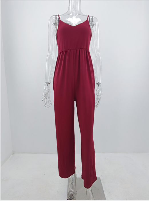 Summer Knitted Office Pocket V Neck  Solid Color Women Jumpsuit