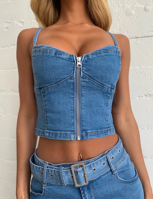 Sexy Zipper Wrapped Chest Cropped Denim Camisole Denim Skirt