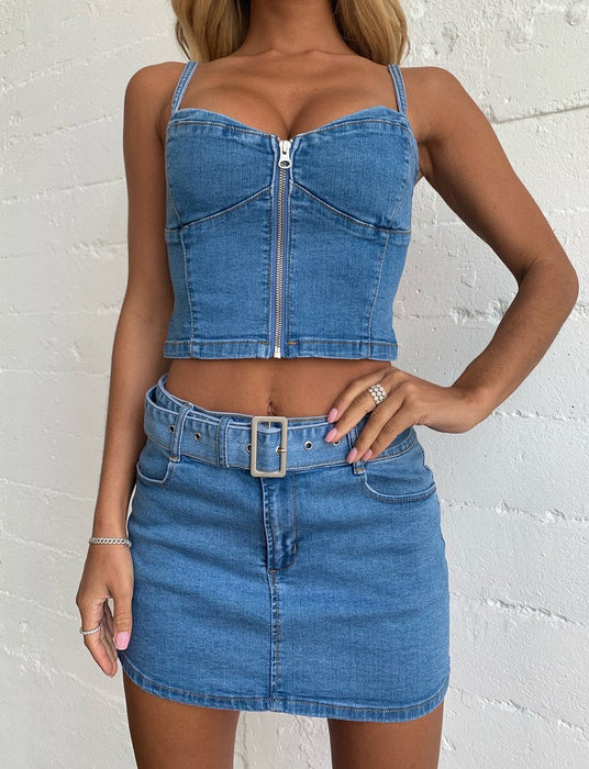 Sexy Zipper Wrapped Chest Cropped Denim Camisole Denim Skirt