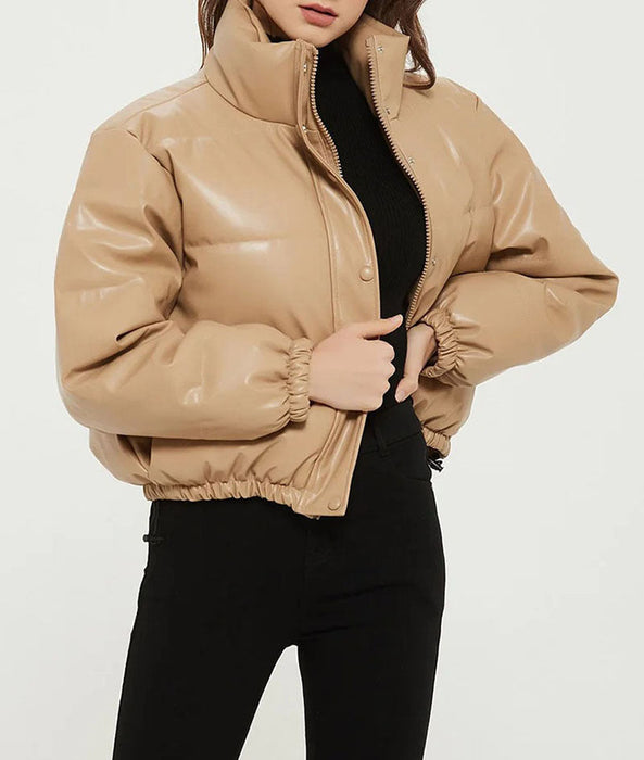 Autumn Winter Leather Coat Women Stand Collar Short Warm Bread Cotton Padded Jacket