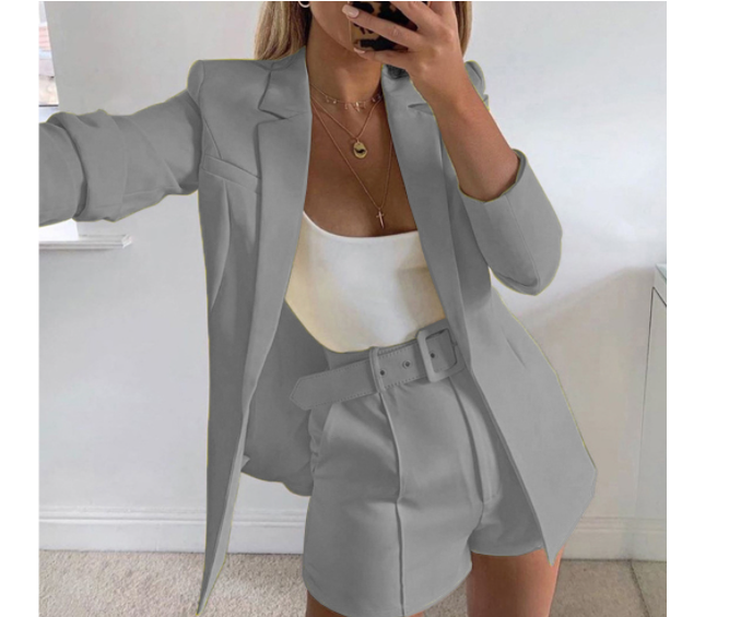 Top Shorts Suit with belt Sexy Women Casual Polo Collar Cardigan