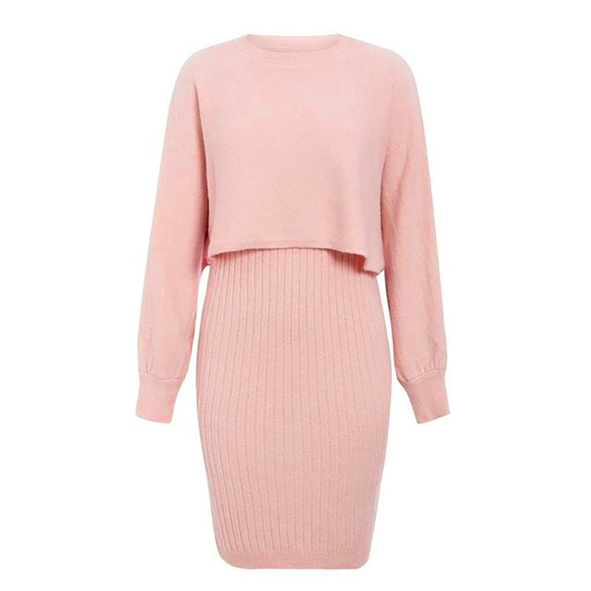 Knitted Dress Two Piece Set Autumn Winter Solid Color Pullover Sweater Women